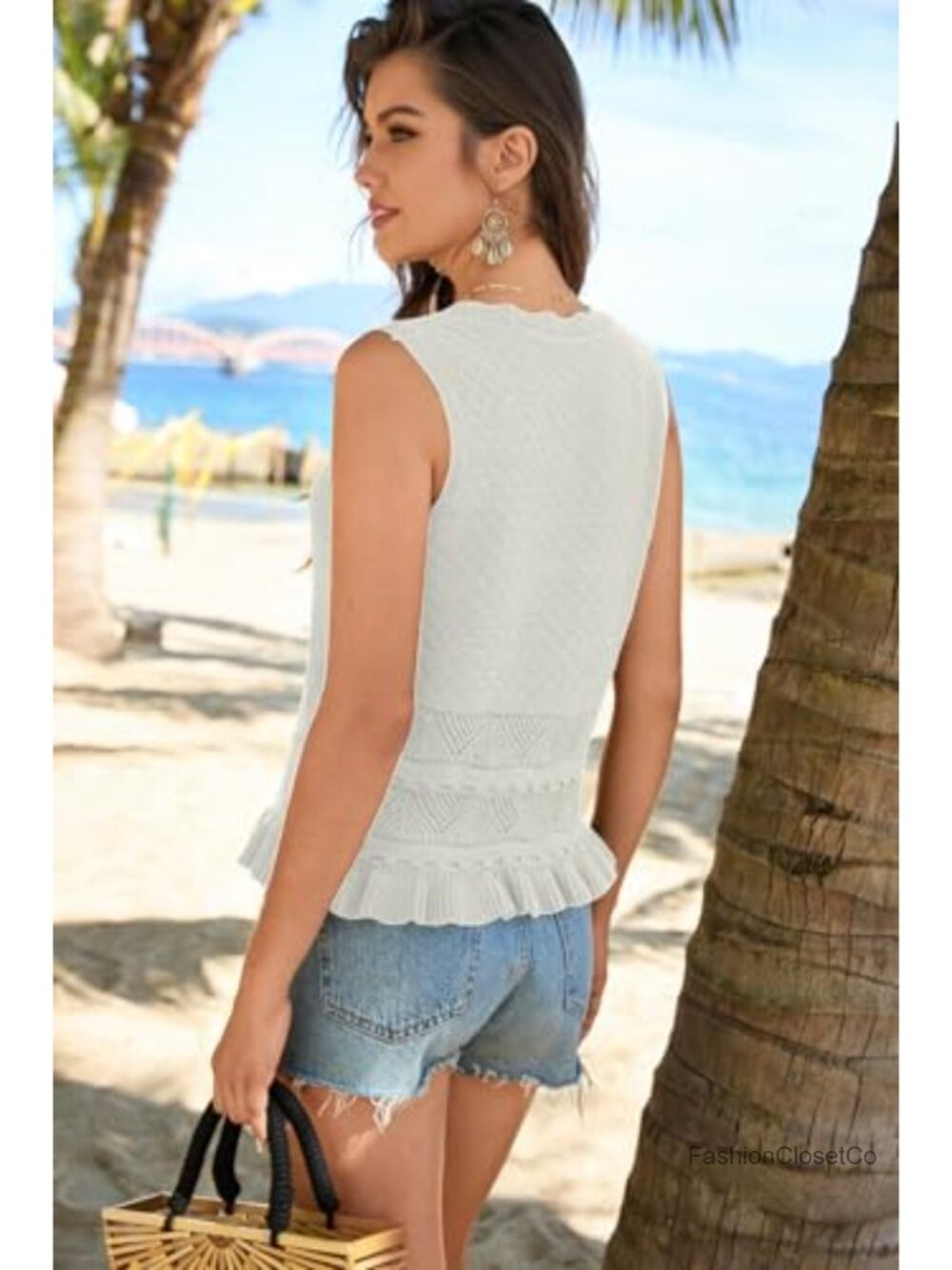 Crochet Knit Sweater Vest Sleeveless Ruffle Hem Boho Crop Top - Picture 4 of 6